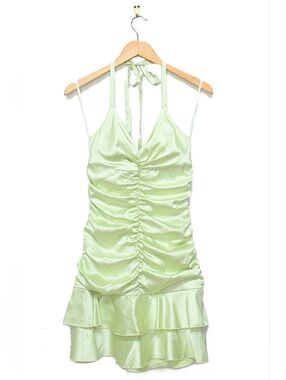 Vintage Y2K Ruched Halter Drop Waist Mini Dress Light Green Satin Size 4 Fairy